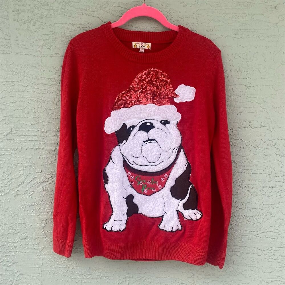 Poof Women's Ugly Christmas Sweater S Red Santa Hat Bulldog Design